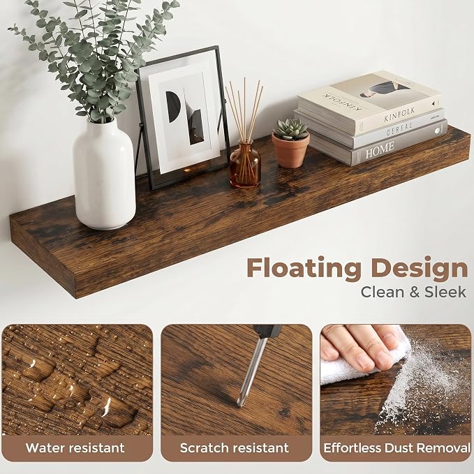 32 Inch Floating Shelves for Wall, 8"D Wood Storage Shelves, Brown Finish | Engineered Wood, Invisible Bracket, Large Storage, Easy Install, Hold Up to 55lbs, Living Room, Bathroom, Bedroom, Kitchen