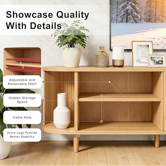 80" Mid Century Modern TV Stand, Wood TV Consoles with Sliding Doors and Power Outlet, Entertainment Center with Adjustable Shelves, Fluted TV Stands for Living Room, Oak