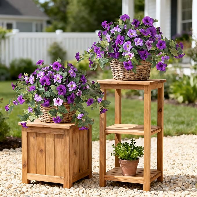2PCS Artificial Petunia Flowers for Outdoors, Fake Flowers for Outdoor Planters UV Resistant Faux Silk Petunias for Garden Porch Yard Balcony Patio Realistic Home Kitchen Decor(Double Purple)