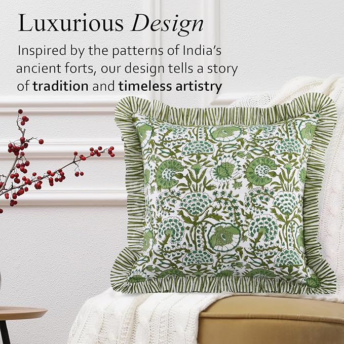 CPC Block Print Ruffle Throw Cover Agate Green 16"x16" Inch Pack of 2-100% Cotton Ruffle Couch Decorative Boho Pillows Case for Living Room, Bedroom, Sofa, Farmhouse Gift for Spring, Mother's Day