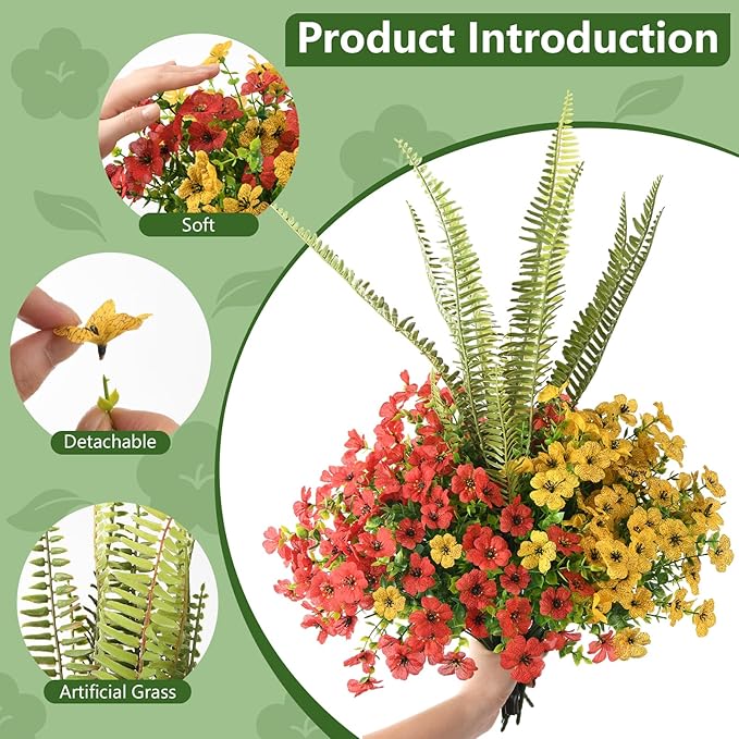 INQCMY Artificial Flowers for Outdoor 12 Pcs Faux Silk Daisy and 1 Pcs Fake Long Leaved Grass UV Resistant Tall Ferns for Home Doorway Courtyard Garden Backyard Decorative