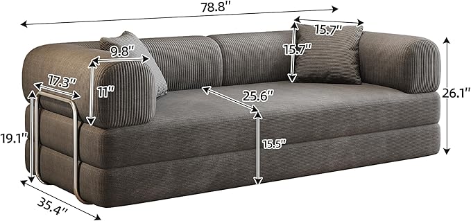JINGLING 79" Queen Sleeper Sofa Bed with Memory Foam, Compressed Couch in a Box, Foldable Convertible Small Couches for Small Spaces Bedroom Game Room, Corduroy Fabric, Grey