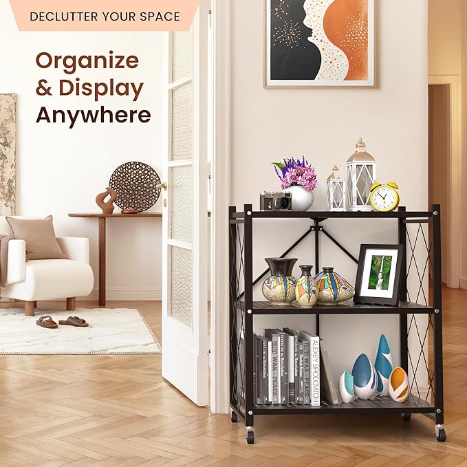 Our Modern Space 3-Tier Foldable Storage Shelf with Wheels | Metal Rack Collapsible Shelving Display | Rolling Cart for Books Kitchen Storage Shelves | Pantry & Closet Organizer | Office Room Decor