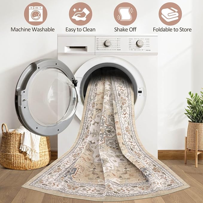 7x9 Area Rug Living Room: Washable Boho Large Neutral Vintage Soft Rug Stain Resistant Farmhouse Non-Slip Indoor Floor Retro Carpet for Bedroom Nursery Kids Office Dining Room- Sand Gray