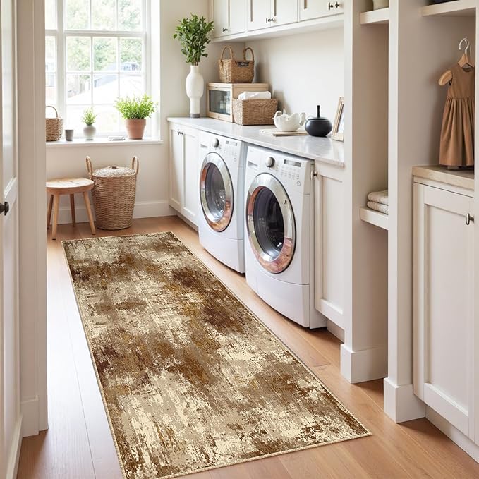 RELEANY Washable Area Rugs 2'x8' Non-Slip Modern Abstract Soft for Living Room Entryway Bedroom Nursery, Print Pattern, Brown Tan Beige Coffee