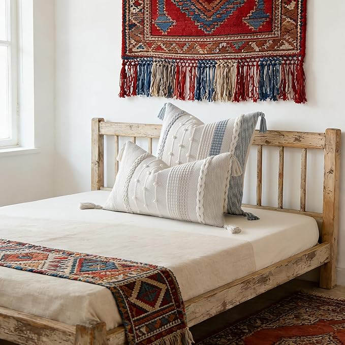 DEZENE Boho Pillow Cover 18x18 Coastal Blue - Handmade Woven Textured Throw Pillow Case with Cordings & Tassels, Decorative Accent for Couch Sofa Bed Farmhouse Living Room Bedroom Home Decor