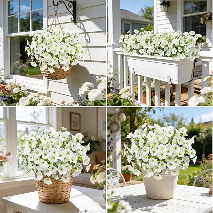 Ouddy Decor 24 Bundles Artificial Flowers for Outdoors, Fake Petunias Flowers Silk Morning Glory with Eucalyptus Faux Plants for Indoor Outside Spring Summer Yard Garden Porch Home Decor, White