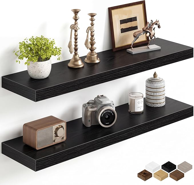Fun Memories 32Inch Floating Shelves for Wall, 8 Inch Deep Shelves for Bathroom|Bedroom|Kitchen Wall Mounted, Wood Hanging Shelf with Invisible Brackets for Home Storage Decor, Black - 2 Pack