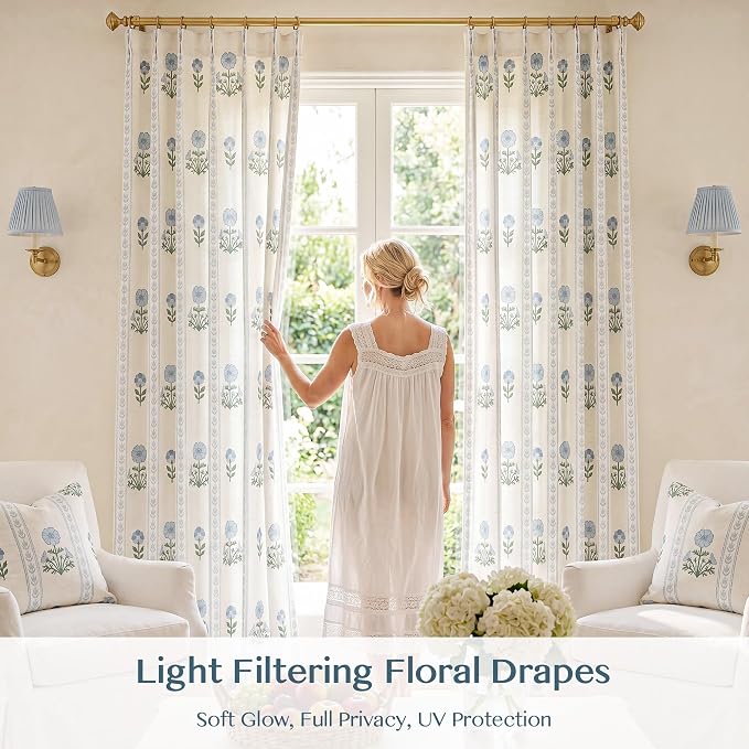 THREE GIRLS Pinch Pleated Light Filtering Linen Blend Floral Block Print Curtains for Living Room, Bedroom, Modern Farmhouse, Memory Trained, Hooks, 2 Panels Set, 40"x108", Blue