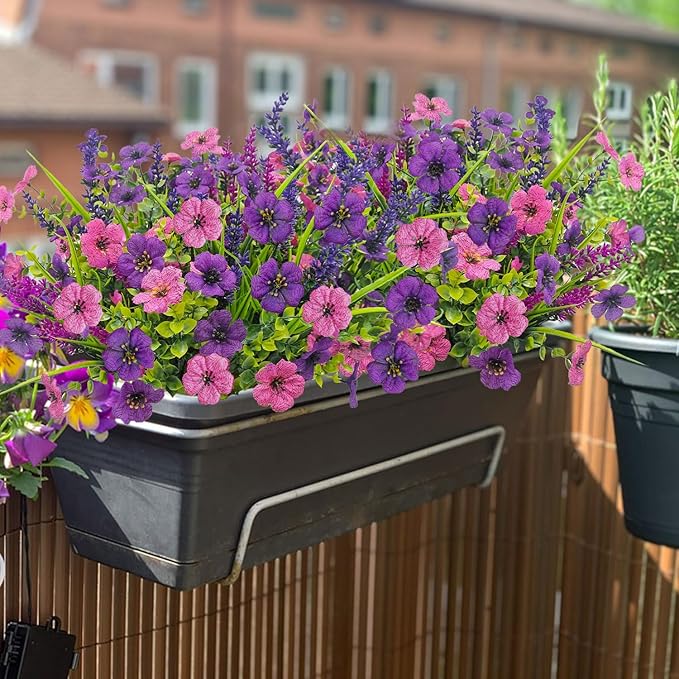 12 Bundles Artificial Flowers Outdoor Silk Fake Plants UV Resistant Faux Plastic Greenery Shrubs for Home Outside Garden Front Porch Window Box Pot Planters Decor (Double Purple)