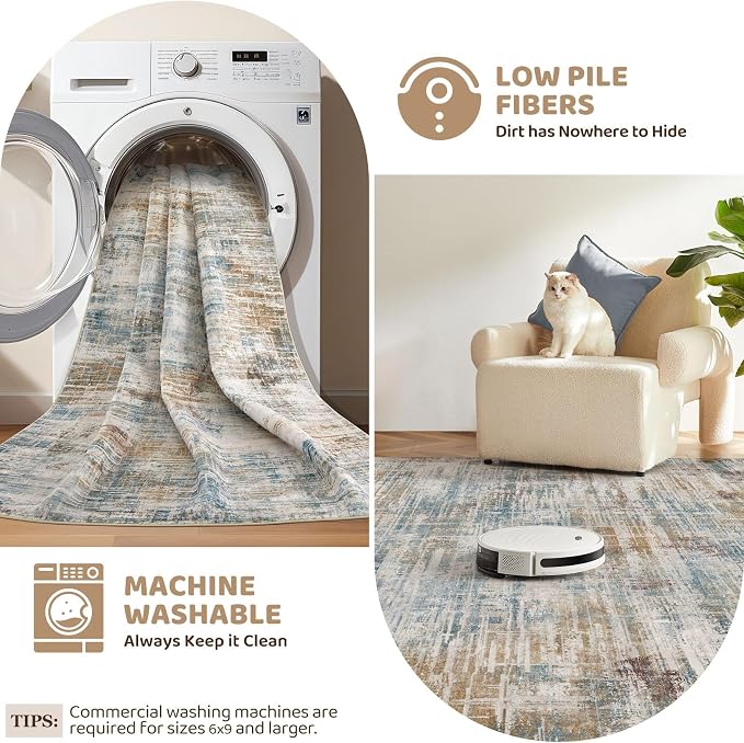 UERMEI 8x10 Washable Area Rug for Living Room: Modern Neutral Abstract Large Soft Low Pile Carpet Non-Slip Pet Kids Friendly Indoor Decor for Bedroom Dining Room Home Office Nursery Blue Brown
