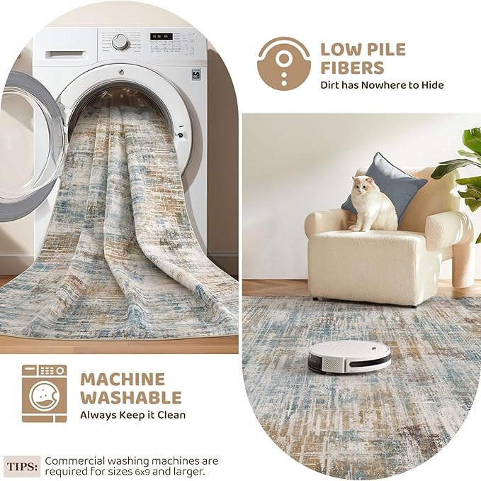 UERMEI 9x12 Area Rug for Living Room: Washable Modern Neutral Abstract Large Soft Low Pile Carpet Non-Slip Pet Kids Friendly Indoor Decor for Bedroom Dining Room Home Office Nursery Blue Brown