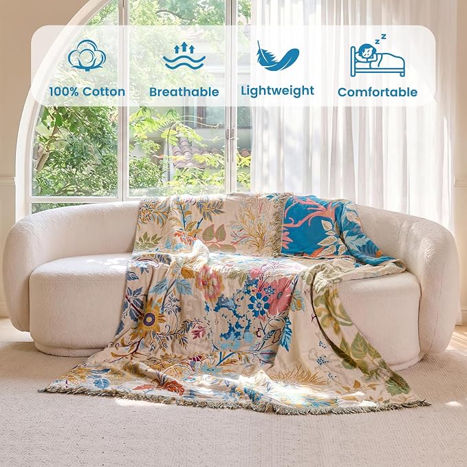 MSGKV Boho Throw Blanket for Couch Cotton Floral Blanket 50"x60" Throws for Sofa Chair Muslin Summer Breathable Lightweight Farmhouse Blankets Home Decor All Seasons