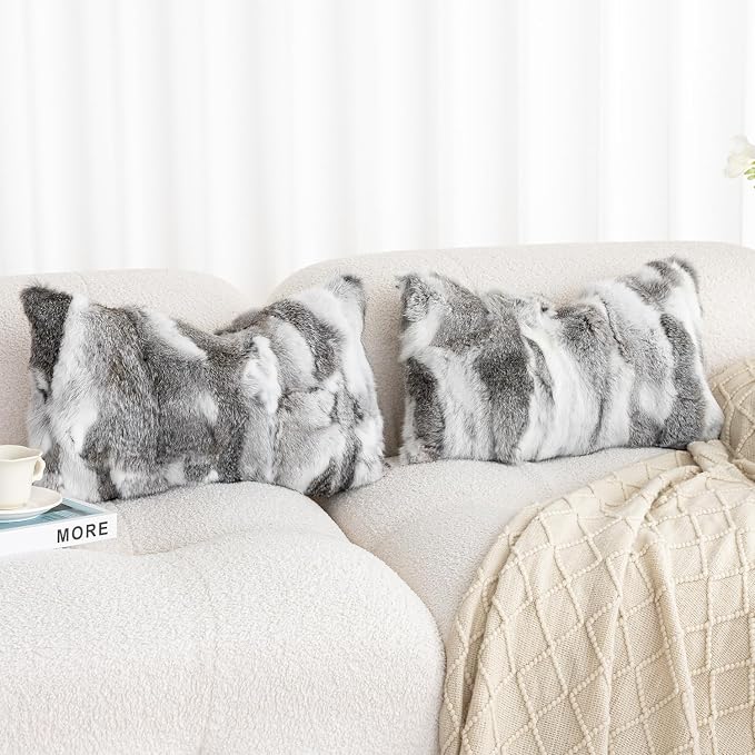 Genuine Rabbit Fur Pillow Covers Set of 2, Luxury Decorative Throw Pillowcases Fluffy Animal Skin Accents Bolster Cushion Cover for Couch Sofa Bedroom Living Room Home,12x20inch, Grey