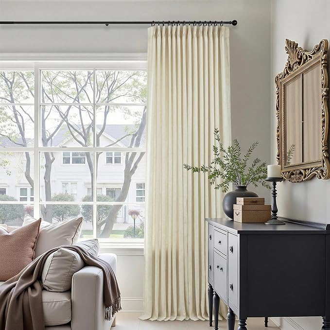 Extra Long Curtains 120 Inch Length Drop Cloth Farm House Beige Linen Pleated Curtain for High Living Room Ruffle Light Filter Semi Sheer Drapes Floor to Ceiling Patio Sliding Door 10 FT Tall 2 Panels