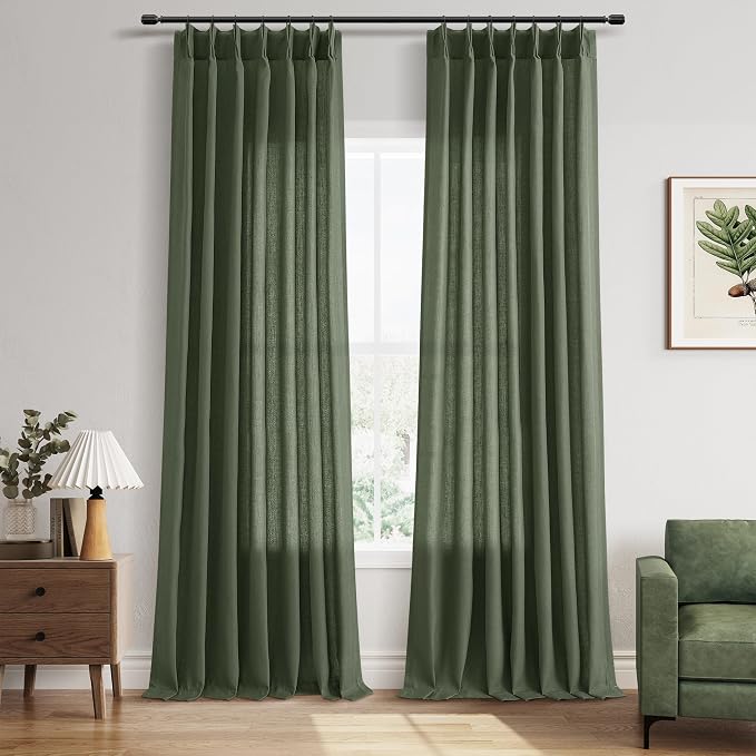 Olive Green Pinch Pleated Linen Curtains 96 Inch Length 2 Panels Set for Living Room Bedroom Vintage Neutral Window Privacy Light Filtering Semi Sheer Back Tab Drapes with Hooks for Dining Room 40x96