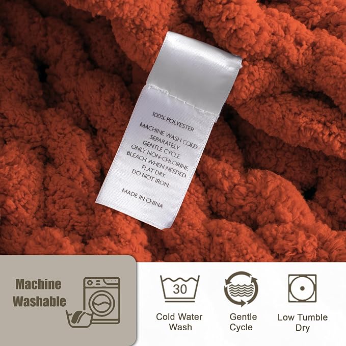 Chunky Knit Throw Blanket 50x60, 100% Handmade Chenille Yarn | 4.4lbs Soft Thick Cable Knitted Blankets, Large Rope Knot Crochet Throws for Couch Sofa Bed Thanksgiving Fall Decor, Rust