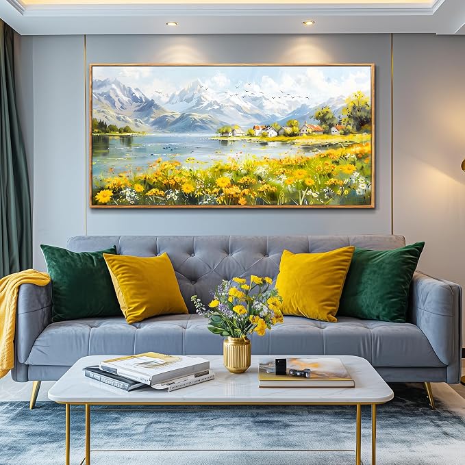 XIGUANGART Oversized Wall Art, Floral Wall Decor, Framed Wall Art, Landscape Mountain Art Prints, Spring Wildflowers Cottage Paintings for Living Room Dining Room Farmhouse Office Hotel 30"x60"