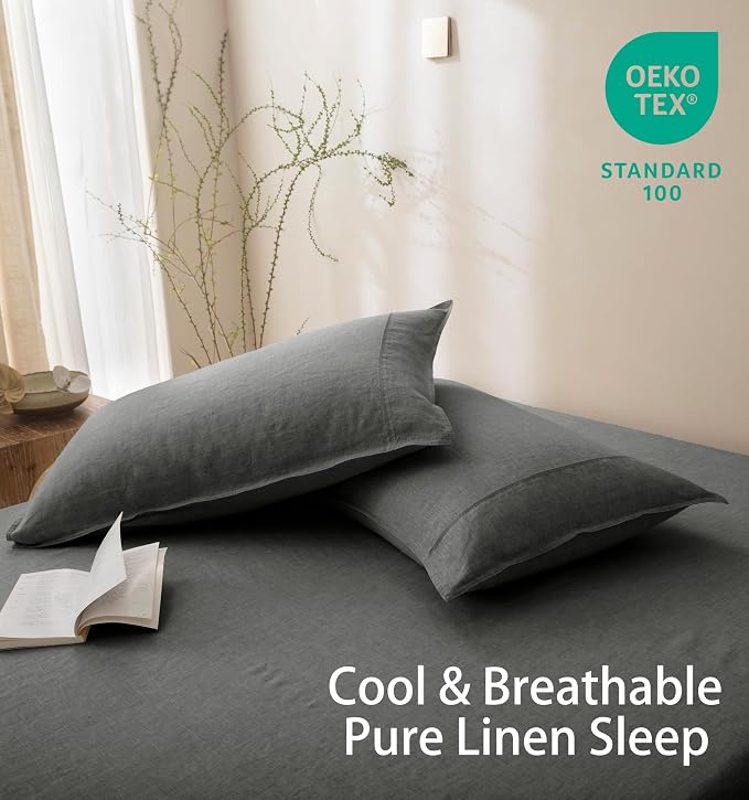 Talasily 100% French Linen Pillow Case Queen Size Set of 2,Oeko-TEX Certified Stone Washed Flax Pillow Shams with Envelope Closure - Breathable & Cooling for Hot Sleepers（Dark Grey,20''x30''）