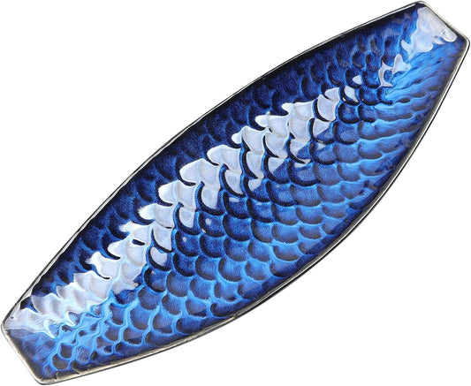 16" Large Ceramic Decorative Tray, Long Boat Shaped Centerpiece Bowl, Multipurpose Serving Platter for Home, Party Decor or Sushi, Fruits, Desserts (Blue)