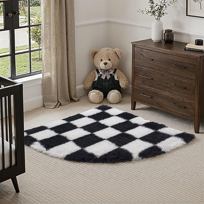 PureCozy Checkered Rug 3ft Radius Corner for Playroom, Black and White Modern Shag Super Soft Washable Fluffy Rugs Indoor Fuzzy Carpet for Bedroom Home Dorm Aesthetic Decor
