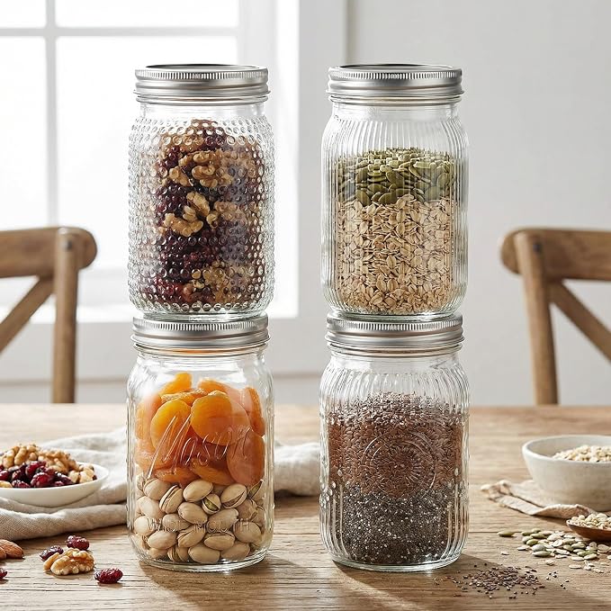 Rubtlamp Clear Mason jar 32 oz, 12 Mixed Pack Glass Jars - Wide Mouth Mason Jars with Airtight Lids for Pickling, Fermenting, Food Storage&DIY Crafts, Microwave & Dishwasher Safe