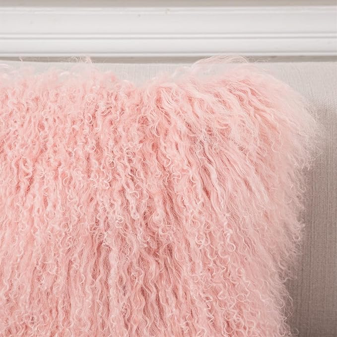 Real Tibetan Mongolian Lamb Fur Throw Pillow Cover Sheepskin Wool Fur Decorative Pillow Case Cushion Cover, Pink, 18''x18''