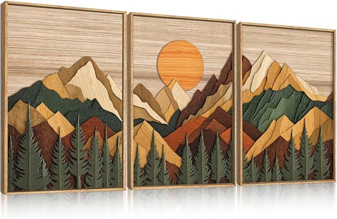 Large Woodcut Style Mountain Framed Canvas Wall Art Set, Woodsy Rustic Ridge Wall Decor, Boho Pine Tree Forest Wall Painting, Abstract Sunrise Wooden Art Print for Living Room, Bedroom, Office - 24"X36"X3(Not-3D Effect)