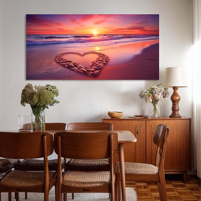 Ggaafet Romantic Love Beach Wall Art for Living Room Canvas Painting Prints Romance Sunset Red Sandbeach Art Deco Modern Artwork Office Bedroom Family Room Decor Large