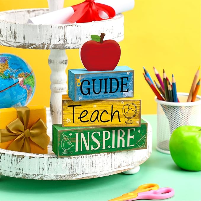 Yuntau 4 Pcs Teacher Appreciation Gift Wooden Table Decoration Apple Tiered Tray Decor Guide Teach Inspire Teacher Appreciation Gift Apple Block Sign Centerpiece Decor for Office Classroom