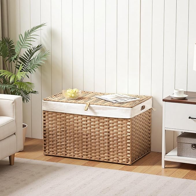 HOOBRO Storage Basket with Lid, 42.3 Gallon (160L) Wicker Basket, Handwoven Blanket Storage Basket with Handles, Metal Frame and Soft Lining, Foldable for Bedroom, Laundry Room, Natural NL216CW01