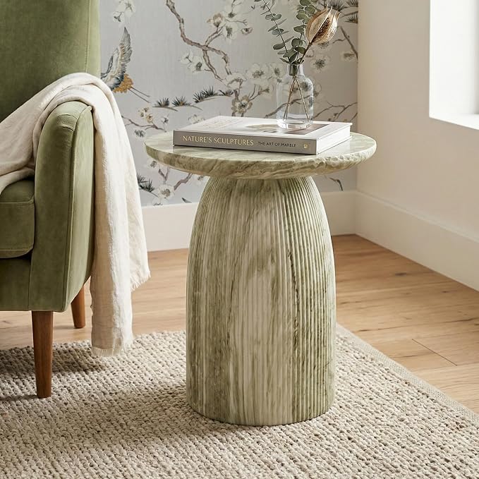24/7 Shop at Home Ranera Modern 17-inch Natural Stone Side Table with Round Pedestal Base, Marble Nightstand, Fluted Patio End Table, for Living Room, Covered Outdoor Spaces, Balcony, Green Travertine