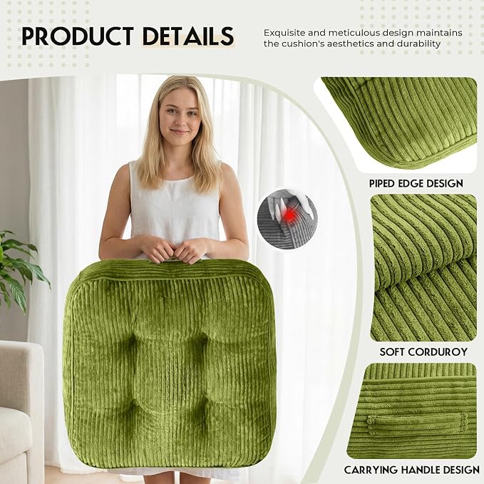 11" Thick Washable Floor Pillow for Adults, Yoga & Meditation Cushion with Handle, Square Large Pillows Seating with Removable Tufted Corduroy Cover for Tatami Living Room Board Games, Green