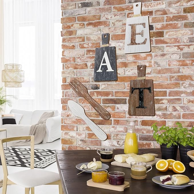Jetec Cutting Board Eat Sign Set Hanging Art Kitchen Eat Sign Farmhouse Fork and Spoon Wall Decor Rustic Primitive Country Kitchen Decor for Home over Cabinet Decoration(White, Grey, Dark Brown)