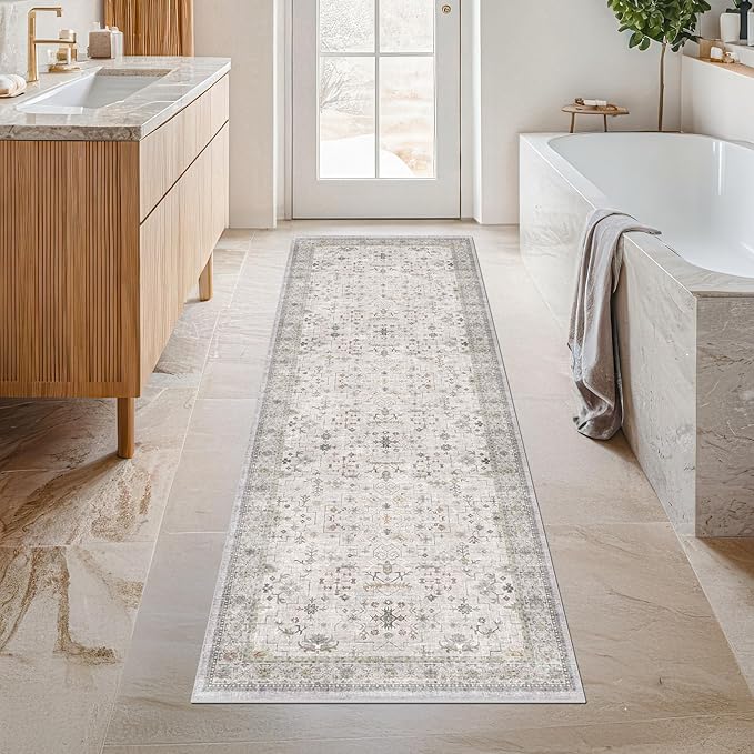Hazo Haus Washable 2x7 Runner Rug for Bathroom, Vintage Boho Light Gray & Sage Runner Rug for Hallway, Kitchen, Door Mat Indoor Entrance, Bedroom Beside Bed, Non-Slip Low-Pile Stain Resistant