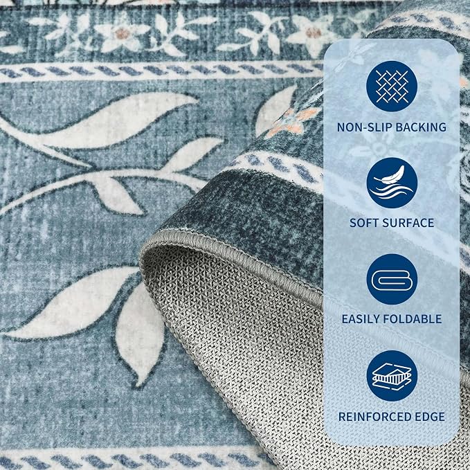 GarveeHome Provence 8x10 Area Rugs for Living Room, Botanical Grove Retro Blue Cottagecore Washable Rug for Bedroom Dining Nursery Low-Pile Vintage Large Carpet