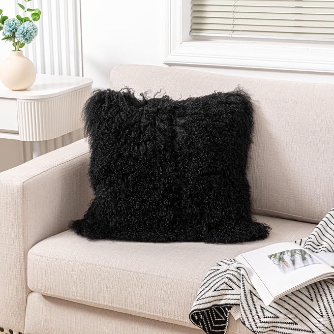 Mongolian Lamb Fur Throw Pillow Cover (18'' x 18'', Black) Real Fur Decorative Cushion Cover Pillow Case for Living Room Bedroom