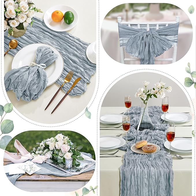 12 Pack Dusty Blue Cheesecloth Table Runner 10FT Long Boho Gauze Table Runner Rustic Sheer Runner for Wedding Bridal Baby Shower Birthday Party Table Decor Home Easter Thanksgiving Decorations