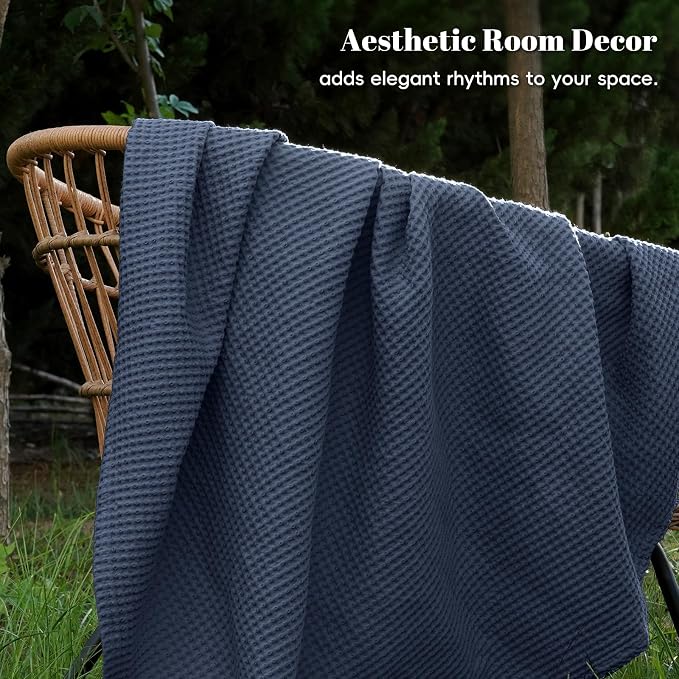 PHF Pre-Washed 100% Cotton Waffle Weave Blanket King Size for Bed,Snag Proof Throw Blanket for Couch Spring Summer Lightweight Breathable,Machine Washable, Home Decor Gift - Dark Navy