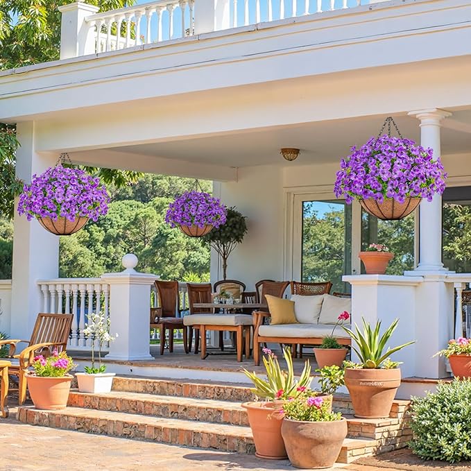 Artificial Hanging Flowers with Baskets for Outdoors, Fake Silk Pansy Flowers UV Resistant Faux Hanging Plants for Front Porch Patio Yard Home Spring Summer Decoration, Purple