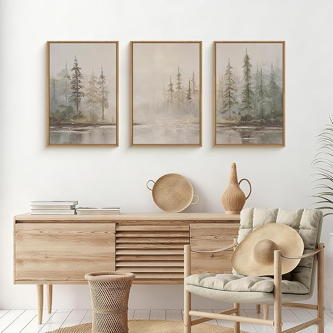 HPNIUB Modern Misty Pine Tree Framed Wall Art Set,Neutral Abstract Landscape Wall Decor,Nature Foggy Forest Art Print,Beige Rustic Farmhouse Artwork for Living Room, Bedroom,Office-16''x24''x3