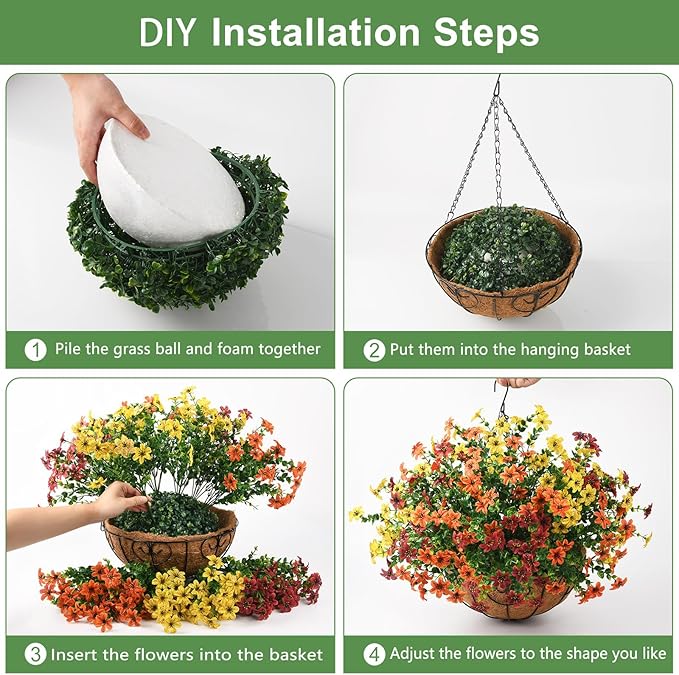 Artificial Flowers Fake Hanging Basket for Outdoor Spring Summer Decoration, 12 Bundles Faux Hanging Plants UV Resistant, Realistic Silk Flower for Outside Planters Porch Patio Balcony Yard Garden