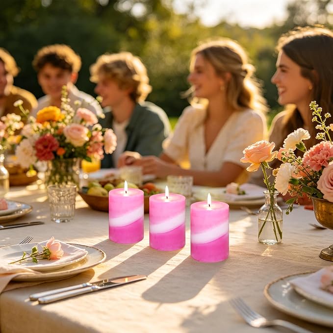 French Rose Scented Pillar Candles, 100% Cotton Core Pink and White Striped Paraffin Wax Candles for Home Wedding Dating Decor, Long Lasting Burn Time Aromatherapy Candles, 3x4 Inch Set of 3