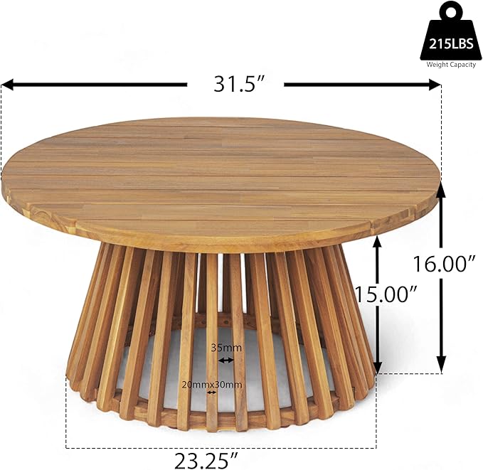 Christopher Knight Home Hakee Acacia Wood Patio Coffee Table, Round Table with Unique Wooden Base for Backyard, Balcony, Stylish Indoor/Outdoor Table, Easy Assembly, 31.5" x 31.5" x 16", Teak