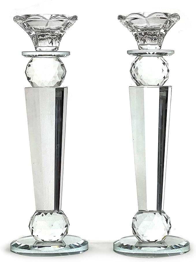 Allgala Set of 2 Crystal Glass Made Reverse Tapered Pillar and Hand Crafted Ball Candlesticks-10-HD89152