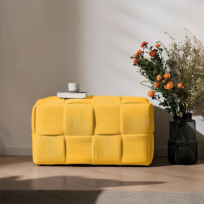 Cmishe 28" Rectangular Woven Corduroy Ottoman Footrest - Large Modern Entryway Bench & Bed End Stool, Sturdy Wood Frame, No Assembly (Yellow-L)