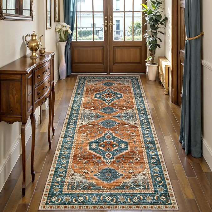 Tangsoo Vintage 2X6 Washable Runner Rug for Hallways, Non Slip Hallway Rugs, Oriental Soft Low Pile Long Rug Carpet Runners for Kitchen Bedroom Entryway Bathroom Living Room Home Decor Orange Blue