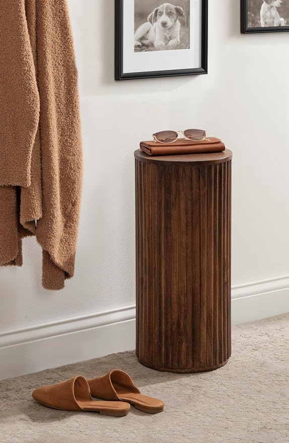 Kate and Laurel Reid Modern Wooden Ribbed Drink Table; 10 x 10 x 22; Walnut Brown; Solid Wood Mini Table for Use as Pedestal Plant Stand Indoors or Small Nightstand Option