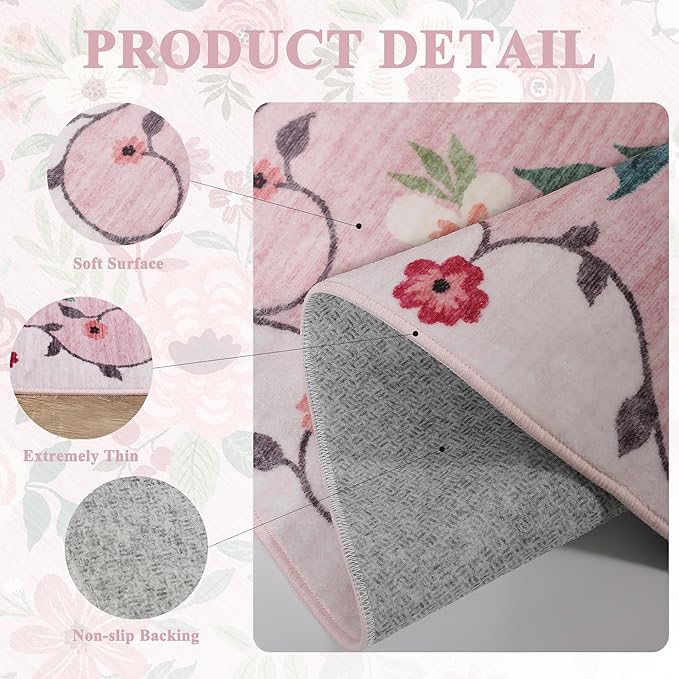 DUKINO 2x4 Rug for Entryway, Washable Kitchen Floral Runner Rug with Non Slip Backing, Low Pile Soft Boho Carpet for Kitchen, Hallway, Entryway, Laundry, Bedroom, Pink