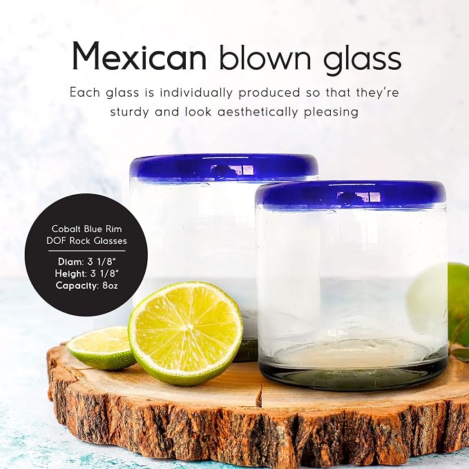 Cobalt Blue Rim 8 oz DOF Rock Glasses (set of 6), Recycled Glass, Lead-free, Toxin-Free (DOF Rocks)